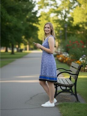 Sleeveless Blue Printed Midi Dress with Striped Hem